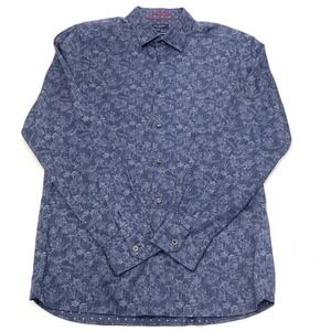 Ted Baker Shirt Mens L / 4 Cotton Button Up Long Sleeve Blue Floral 40 Chest‎